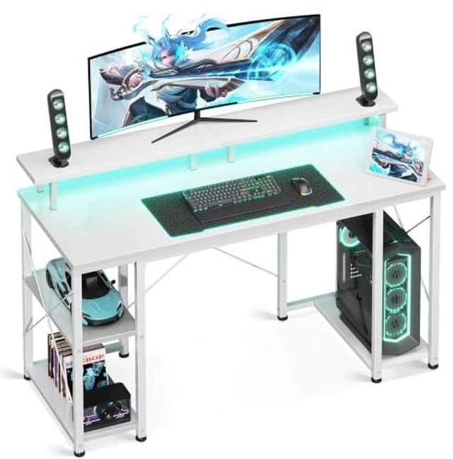 Main image of ODK 48 Inch Gaming Desk with LED Lights & Storage Shelves, White