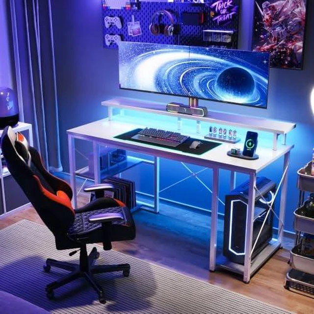 Alt view image 2 of 2 - ODK 48 Inch Gaming Desk with LED Lights & Storage Shelves, White