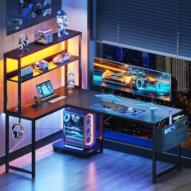 Alt view image 2 of 3 - Casaottima L Shaped Gaming Desk with Hutch & Power Outlet & LED Lights