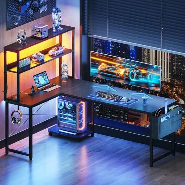 Alt view image 2 of 2 - Casaottima L Shaped Gaming Desk with Hutch & Power Outlet & LED Lights