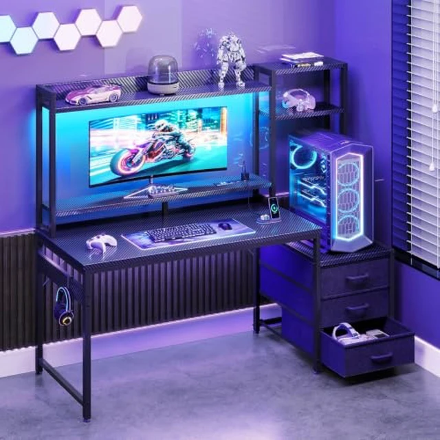 Alt view image 2 of 7 - Casaottima 48 Inch Gaming Desk with Shelves & 3 Drawers & LED Light & Hutch