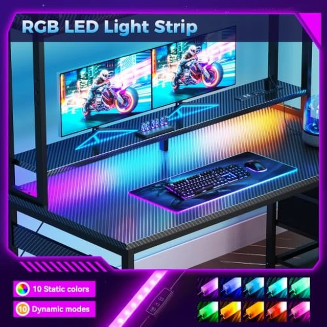 Alt view image 4 of 7 - Casaottima 48 Inch Gaming Desk with Shelves & 3 Drawers & LED Light & Hutch