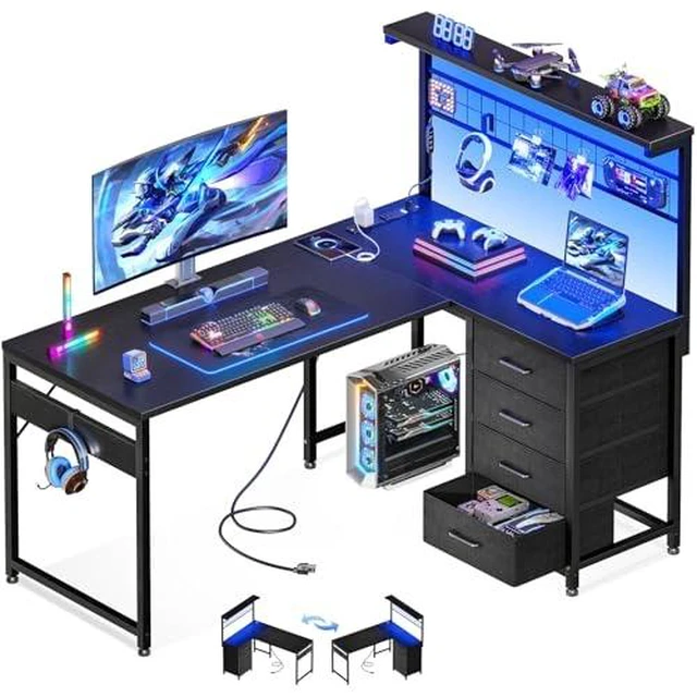 Main image of MOTPK 43" L Shaped Gaming Desk with Shelf & 4 Drawers, Black