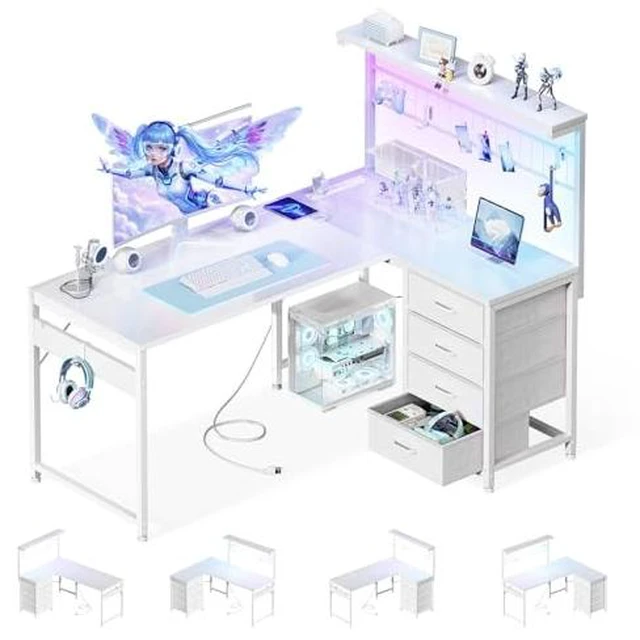 Main image of MOTPK 43" L Shaped Gaming Desk with Shelf & 4 Drawers, White