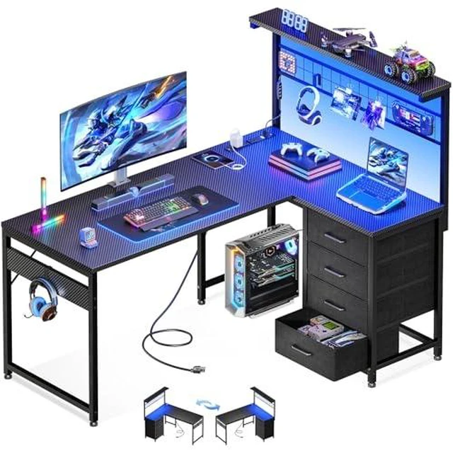 Main image of MOTPK 43" L Shaped Gaming Desk with Shelf & 4 Drawers, Black Carbon Fiber