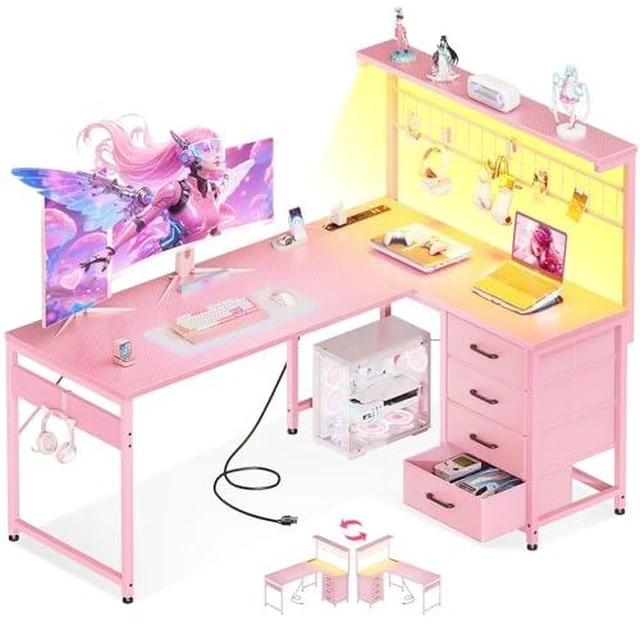 Main image of MOTPK 51" L Shaped Gaming Desk with Shelf & 4 Drawers, Carbon Fiber Pink