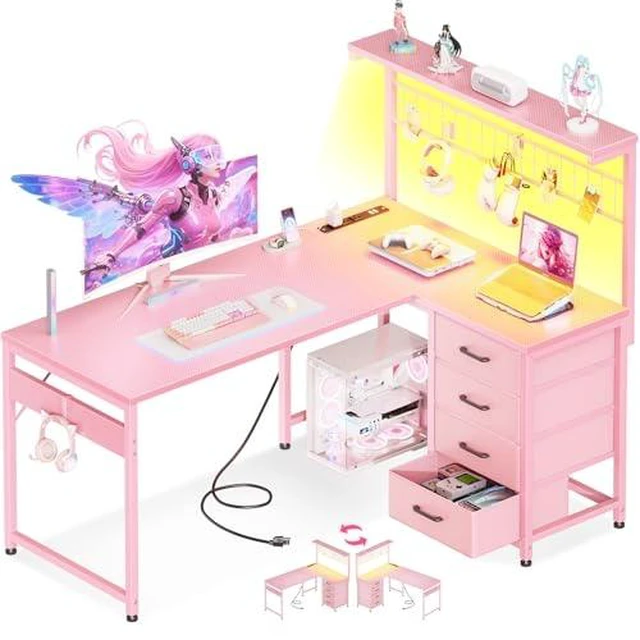Main image of MOTPK 43" L Shaped Gaming Desk with Shelf & 4 Drawers, Carbon Fiber Pink