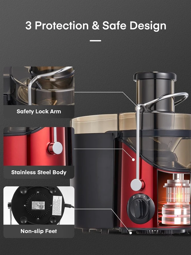 Alt view image 4 of 7 - Juicer Machines, 3" Wide Mouth Juicer Extractor Max Power 800W, for Vegetable and Fruit with 3-Speed Setting, 400W Motor, Easy to Clean, Bright Red