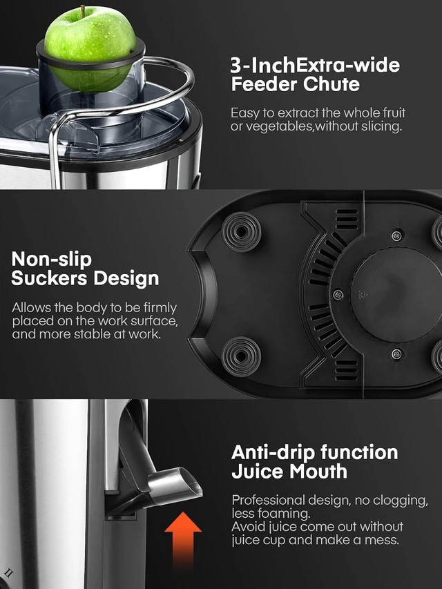 Alt view image 2 of 7 - Juicer Machines, Centrifugal Juicer Whole Fruit and Vegetable with 3-inch Wide Food Chute, with Anti-drip & Anti-slip Function, 2 Speeds, Easy to Clean, Recipe Included, with Brush, 400W