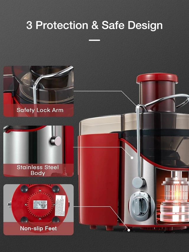 Alt view image 6 of 7 - Juicer Machines, 3" Wide Mouth Juicer Extractor Max Power 800W, for Vegetable and Fruit with 3-Speed Setting, 400W Motor, Easy to Clean, Red