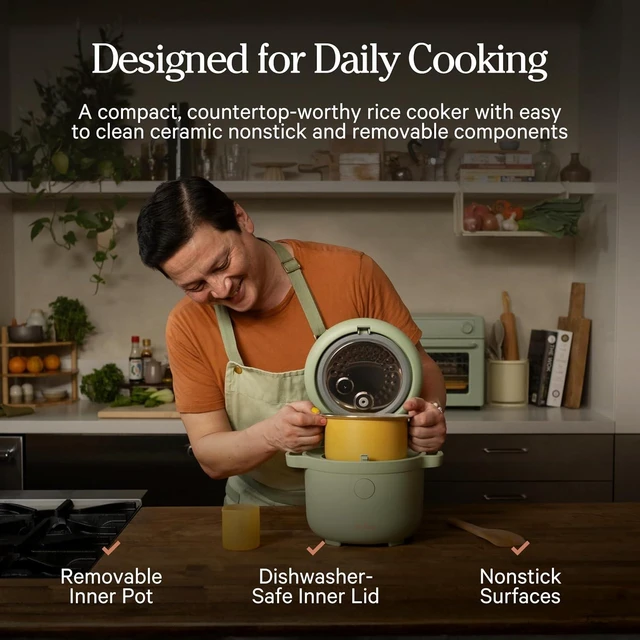 Alt view image 3 of 7 - Rice Cooker, Compact 6-Cup Ceramic Nonstick Rice & Grain Cooker