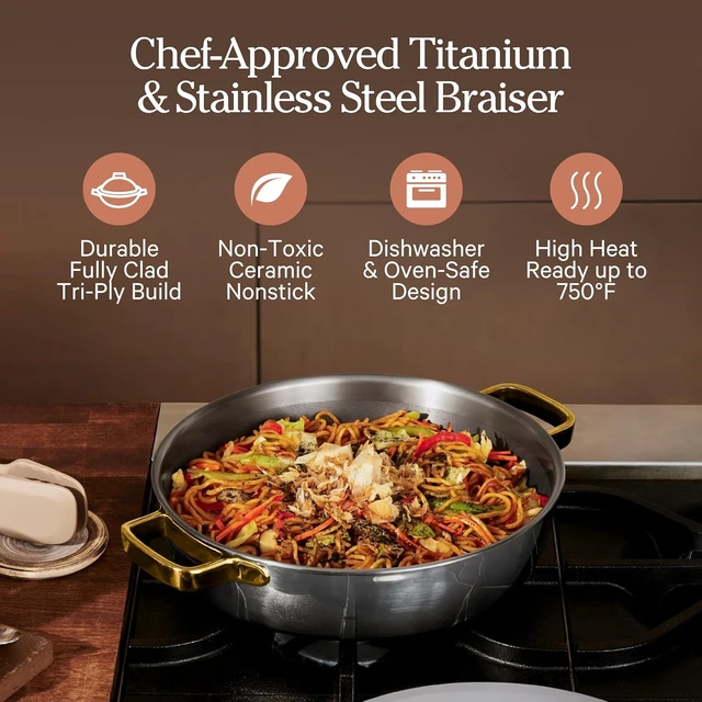 Alt view image 2 of 7 - Titanium Braiser Pro, 4 Qt Nonstick Braiser Pan with Lid