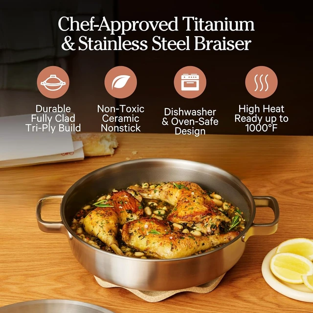 Alt view image 2 of 7 - Titanium Braiser Pro, 4 Qt Nonstick Braiser Pan with Lid