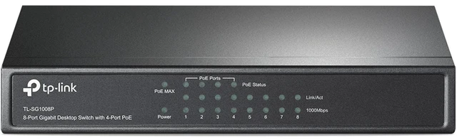 Main image of TL-SG1008P V4 | 8 Port Gigabit PoE Switch | 4 PoE+ Ports @64W | Desktop | Plug & Play | Sturdy Metal w/ Shielded Ports | Fanless | Limited Lifetime Protection | QoS & IGMP Snooping | Unmanaged