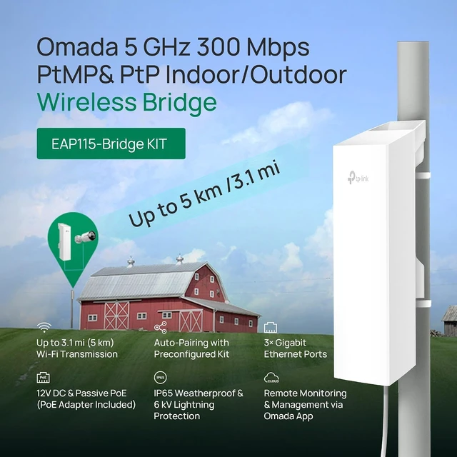Alt view image 2 of 7 - Omada 5GHz N300 Wireless Bridge, 5km Distance, 100M Port(EAP115-Bridge KIT)