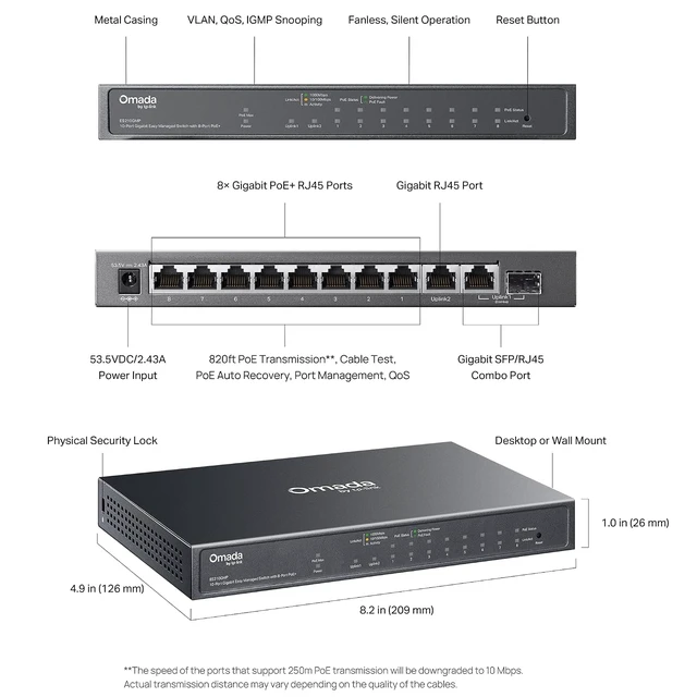 Alt view image 7 of 7 - Omada ES210GMP, 8 Port Gigabit Easy Managed PoE Switch