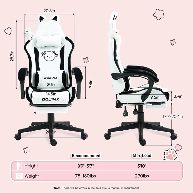 Alt view image 2 of 7 - Gaming Chair with Cat Ears and Massage Lumbar Support, Ergonomic Computer Chair with Footrest and Headrest, Comfortable Reclining Game Chair 290lbs for Adults, Black White