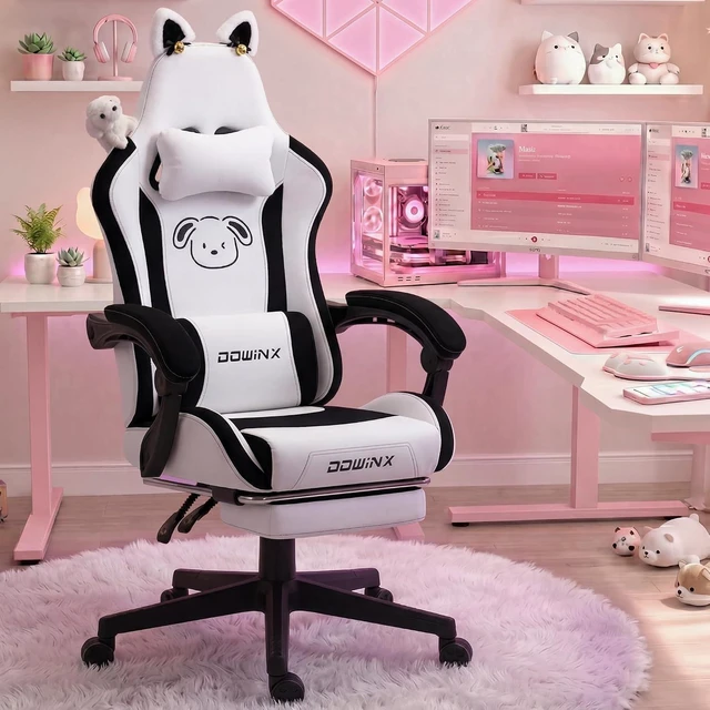 Main image of Gaming Chair with Cat Ears and Massage Lumbar Support, Ergonomic Computer Chair with Footrest and Headrest, Comfortable Reclining Game Chair 290lbs for Adults, Black White