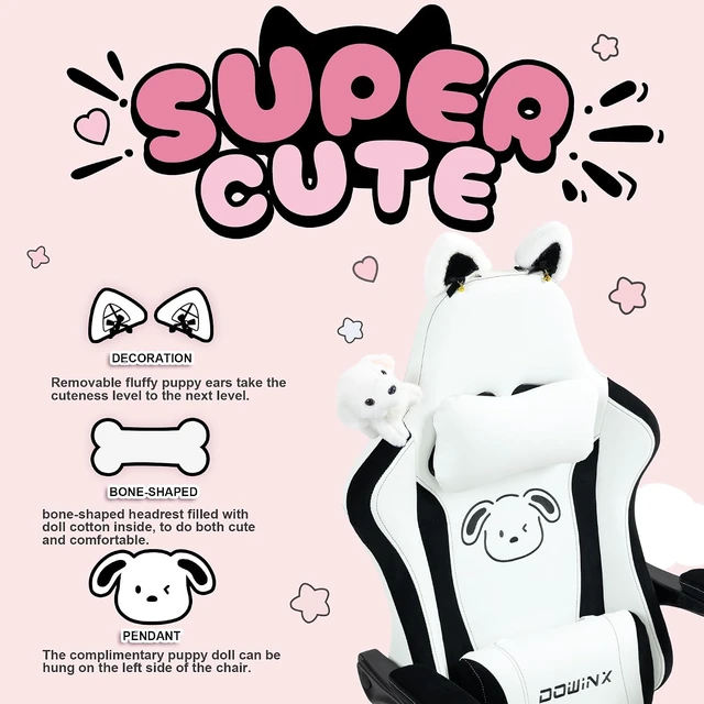 Alt view image 4 of 7 - Gaming Chair with Cat Ears and Massage Lumbar Support, Ergonomic Computer Chair with Footrest and Headrest, Comfortable Reclining Game Chair 290lbs for Adults, Black White