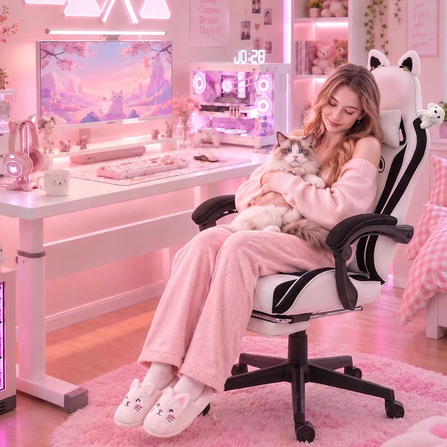 Alt view image 3 of 7 - Gaming Chair with Cat Ears and Massage Lumbar Support, Ergonomic Computer Chair with Footrest and Headrest, Comfortable Reclining Game Chair 290lbs for Adults, Black White
