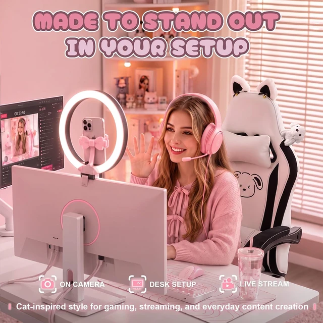 Alt view image 6 of 7 - Gaming Chair with Cat Ears and Massage Lumbar Support, Ergonomic Computer Chair with Footrest and Headrest, Comfortable Reclining Game Chair 290lbs for Adults, Black White