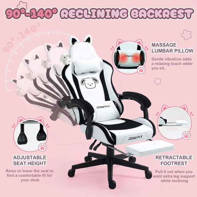 Alt view image 7 of 7 - Gaming Chair with Cat Ears and Massage Lumbar Support, Ergonomic Computer Chair with Footrest and Headrest, Comfortable Reclining Game Chair 290lbs for Adults, Black White