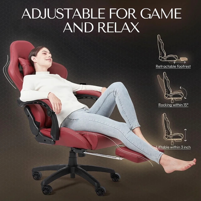 Alt view image 7 of 7 - Big & Tall Vintage Gaming Chair for Adults, 400 lb Capacity Heavy Duty Ergonomic Computer Chair with Massage Lumbar, Footrest & Easy Side Recline, Red