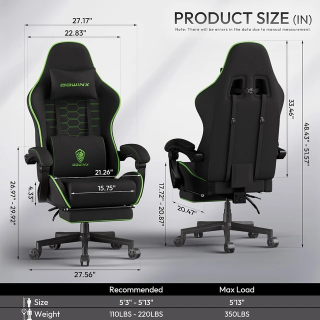 Alt view image 3 of 7 - Big and Tall Gaming Chair Fabric with Footrest Pocket Spring Cushion for Home Office, High Back Recliner Height Adjustable Ergonomic Comfy Cloth Computer Desk Chair, Black Green