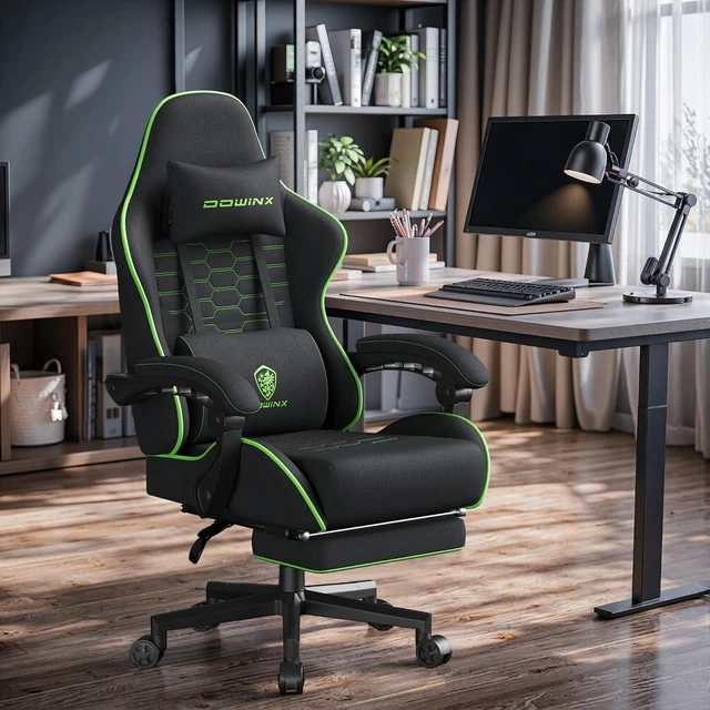 Alt view image 2 of 7 - Big and Tall Gaming Chair Fabric with Footrest Pocket Spring Cushion for Home Office, High Back Recliner Height Adjustable Ergonomic Comfy Cloth Computer Desk Chair, Black Green