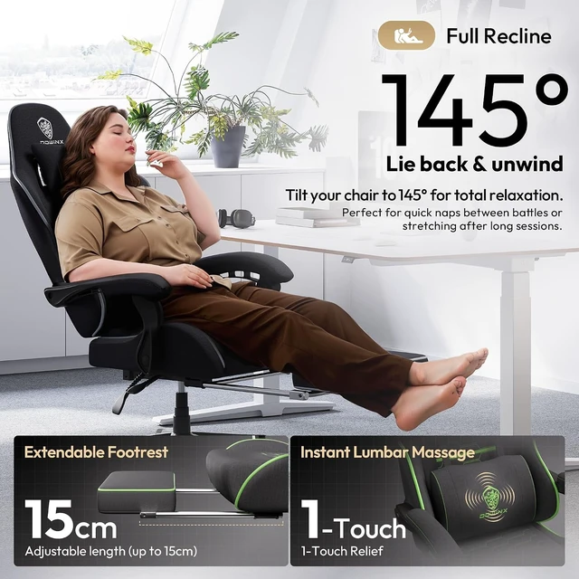 Alt view image 7 of 7 - Big and Tall Gaming Chair Fabric with Footrest Pocket Spring Cushion for Home Office, High Back Recliner Height Adjustable Ergonomic Comfy Cloth Computer Desk Chair, Black Green