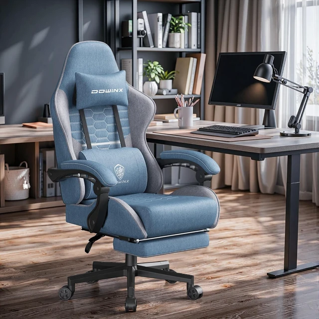 Alt view image 2 of 7 - Big and Tall Gaming Chair Fabric with Footrest Pocket Spring Cushion for Home Office, High Back Recliner Height Adjustable Ergonomic Comfy Cloth Computer Desk Chair, Blue