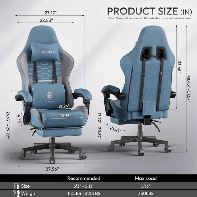 Alt view image 3 of 7 - Big and Tall Gaming Chair Fabric with Footrest Pocket Spring Cushion for Home Office, High Back Recliner Height Adjustable Ergonomic Comfy Cloth Computer Desk Chair, Blue