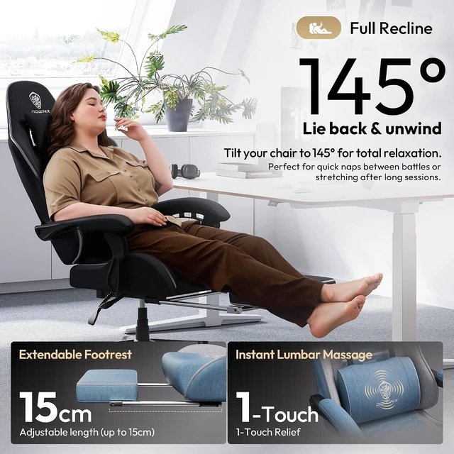 Alt view image 7 of 7 - Big and Tall Gaming Chair Fabric with Footrest Pocket Spring Cushion for Home Office, High Back Recliner Height Adjustable Ergonomic Comfy Cloth Computer Desk Chair, Blue