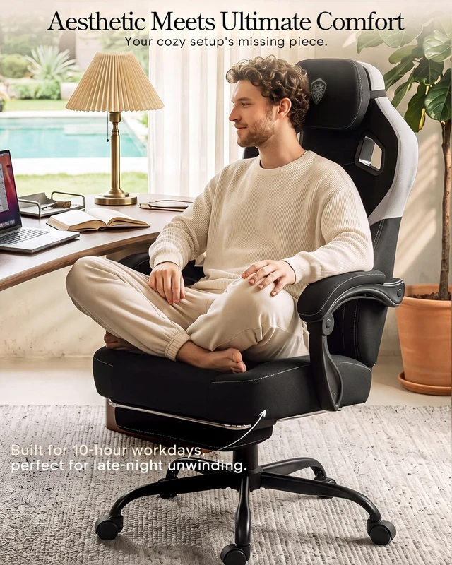 Alt view image 4 of 7 - Big and Tall Gaming Chair with Footrest, Linen Black