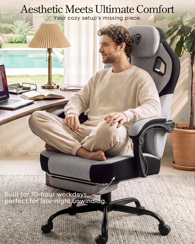 Alt view image 4 of 7 - Big and Tall Gaming Chair with Footrest, Light Gray