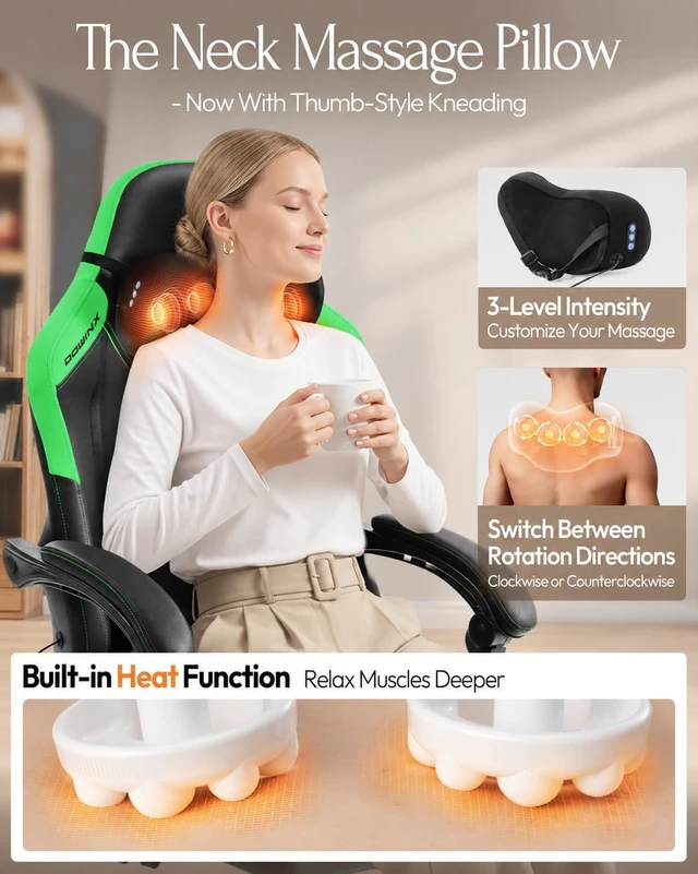 Alt view image 3 of 7 - Ergonomic Gaming Chair for Adults with Massage Neck Support, Green