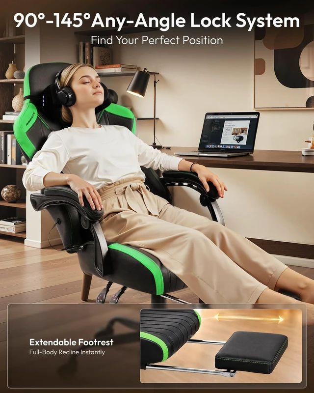 Alt view image 6 of 7 - Ergonomic Gaming Chair for Adults with Massage Neck Support, Green