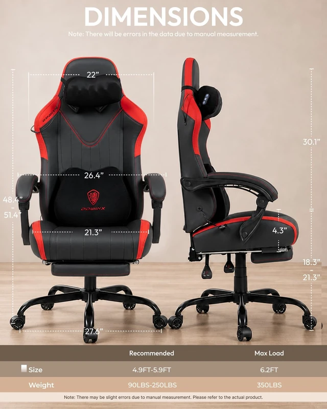Alt view image 2 of 7 - Ergonomic Gaming Chair for Adults with Massage Neck Support, Red