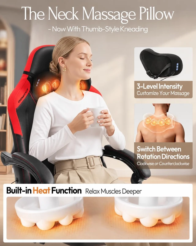 Alt view image 3 of 7 - Ergonomic Gaming Chair for Adults with Massage Neck Support, Red