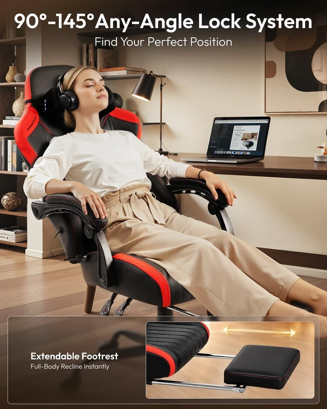 Alt view image 6 of 7 - Ergonomic Gaming Chair for Adults with Massage Neck Support, Red