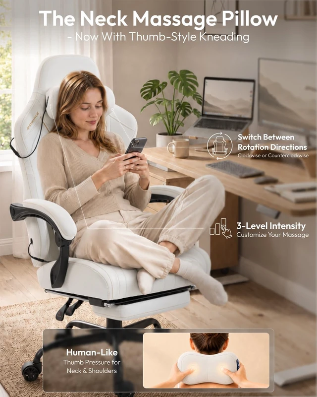Alt view image 3 of 7 - Ergonomic Gaming Chair for Adults with Massage Neck Support, White