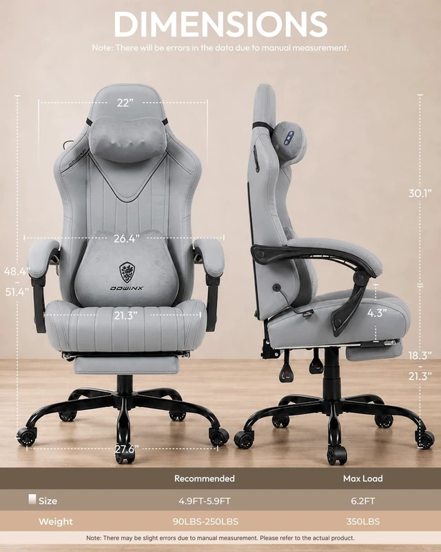 Alt view image 2 of 7 - Ergonomic Gaming Chair for Adults with Massage Neck Support, Grey