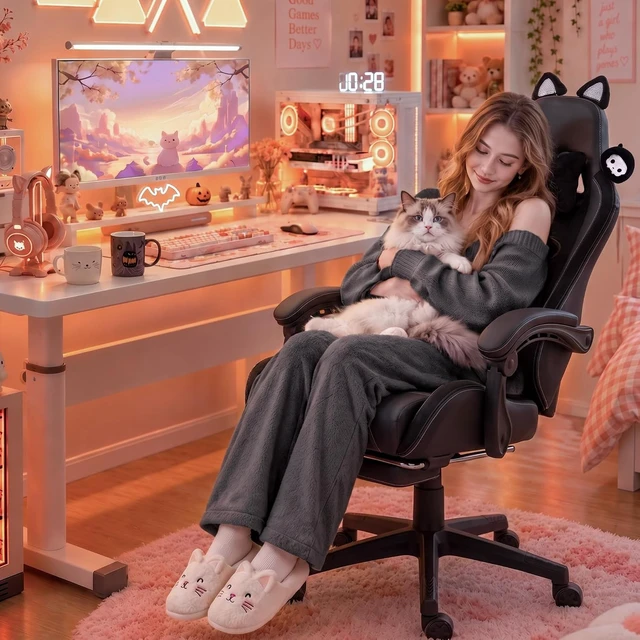 Alt view image 3 of 7 - Gaming Chair with Cat Ears and Massage Lumbar Support, Ergonomic Computer Chair with Footrest and Headrest, Comfortable Reclining Game Chair 290lbs for Adults, Black