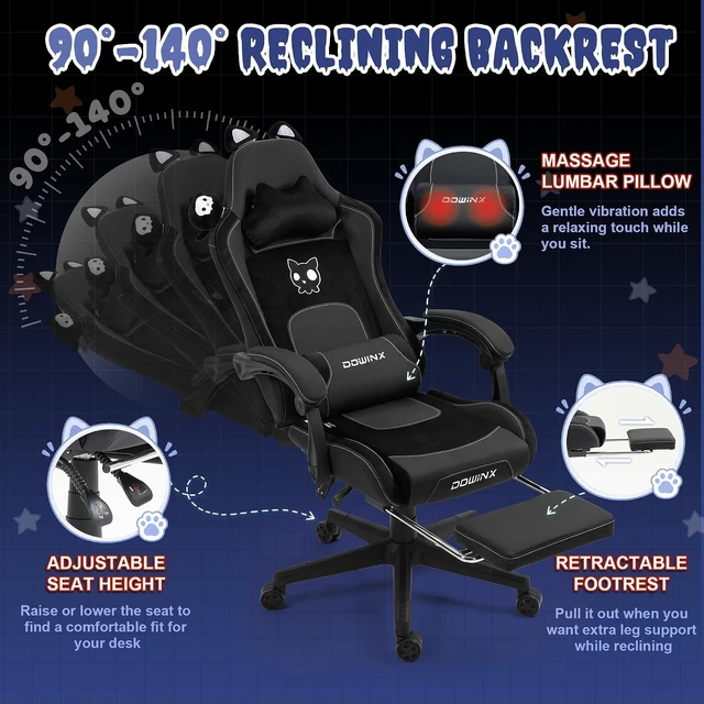 Alt view image 7 of 7 - Gaming Chair with Cat Ears and Massage Lumbar Support, Ergonomic Computer Chair with Footrest and Headrest, Comfortable Reclining Game Chair 290lbs for Adults, Black