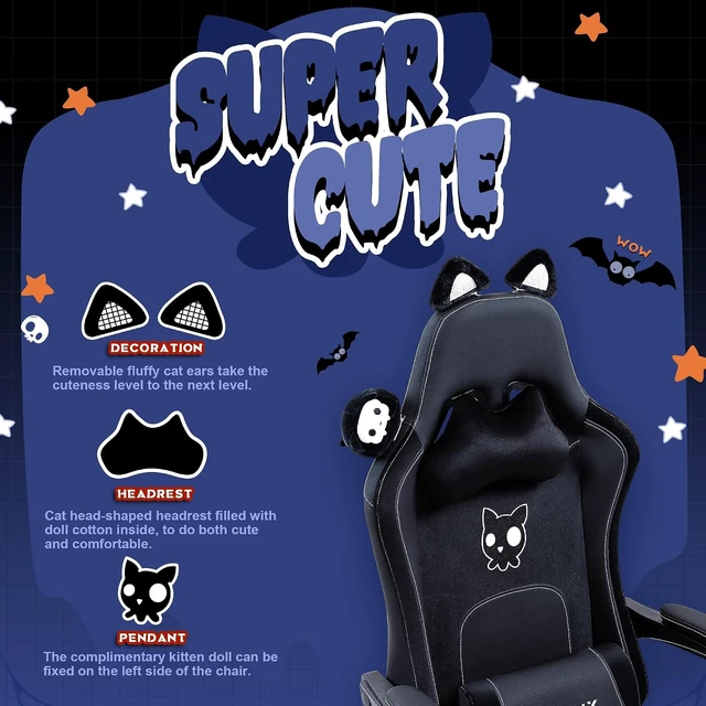 Alt view image 4 of 7 - Gaming Chair with Cat Ears and Massage Lumbar Support, Ergonomic Computer Chair with Footrest and Headrest, Comfortable Reclining Game Chair 290lbs for Adults, Black