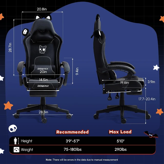 Alt view image 2 of 7 - Gaming Chair with Cat Ears and Massage Lumbar Support, Ergonomic Computer Chair with Footrest and Headrest, Comfortable Reclining Game Chair 290lbs for Adults, Black