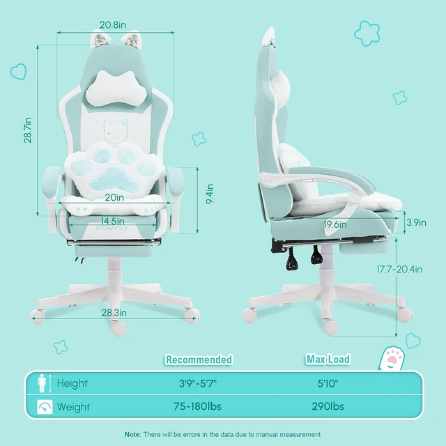 Alt view image 2 of 7 - Gaming Chair with Cat Ears and Massage Lumbar Support, Ergonomic Computer Chair with Footrest and Headrest, Comfortable Reclining Game Chair 290lbs for Adults, Blue