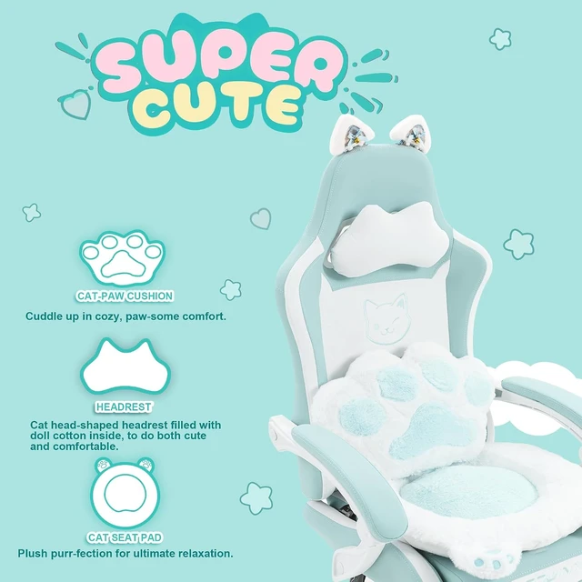 Alt view image 3 of 7 - Gaming Chair with Cat Ears and Massage Lumbar Support, Ergonomic Computer Chair with Footrest and Headrest, Comfortable Reclining Game Chair 290lbs for Adults, Blue