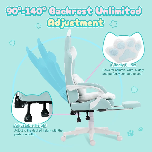 Alt view image 5 of 7 - Gaming Chair with Cat Ears and Massage Lumbar Support, Ergonomic Computer Chair with Footrest and Headrest, Comfortable Reclining Game Chair 290lbs for Adults, Blue
