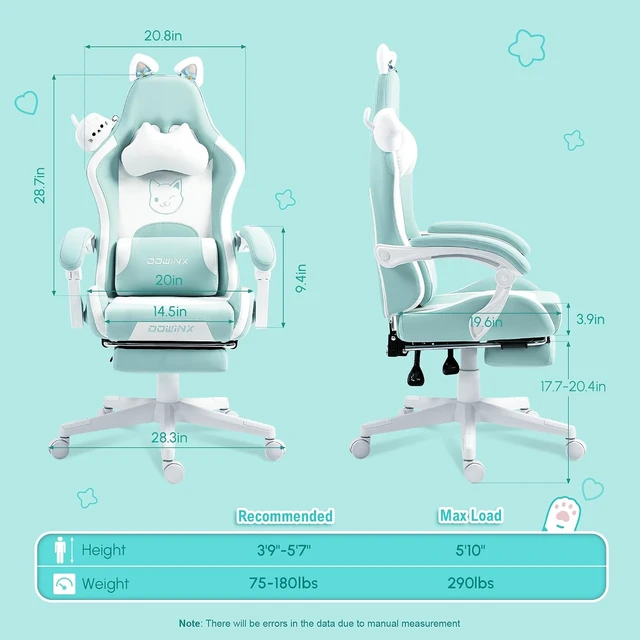 Alt view image 2 of 7 - Gaming Chair with Cat Ears and Massage Lumbar Support, Ergonomic Computer Chair with Footrest and Headrest, Comfortable Reclining Game Chair 290lbs for Adults, Blue
